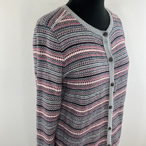 L.L. Bean Gray Red Striped Cotton Cashmere Button Down Cardigan Sweater Size M - Picture 4 of 10